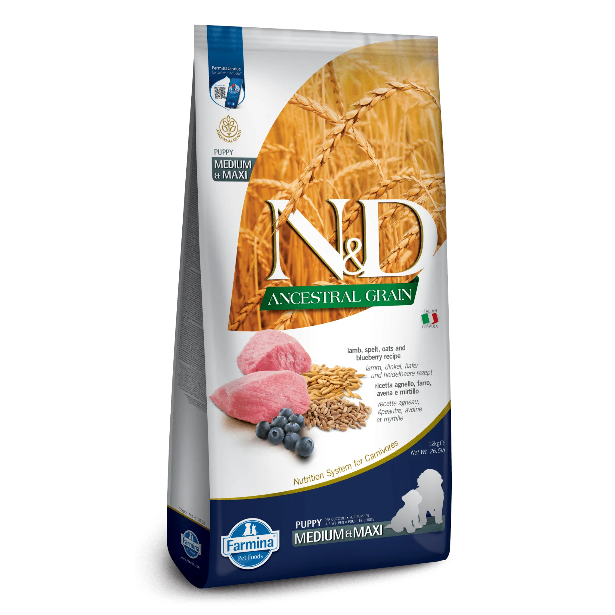 Farmina N&D Ancestral Grain Lamb & Blueberry Medium & Maxi Puppy Dry Dog Food