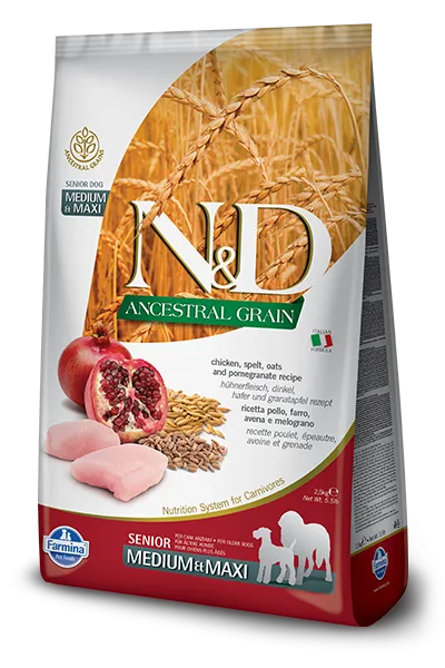 Farmina Natural & Delicious Ancestral Grain Chicken & Pomegranate Medium & Maxi Senior Dry Dog Food