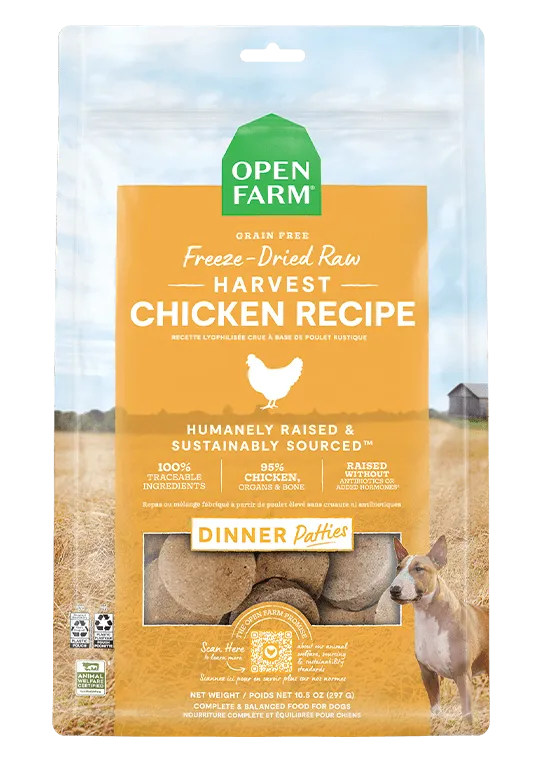 Open Farm Grain Free Raw Dog Food Patties Harvest Chicken Recipe Freeze Dried