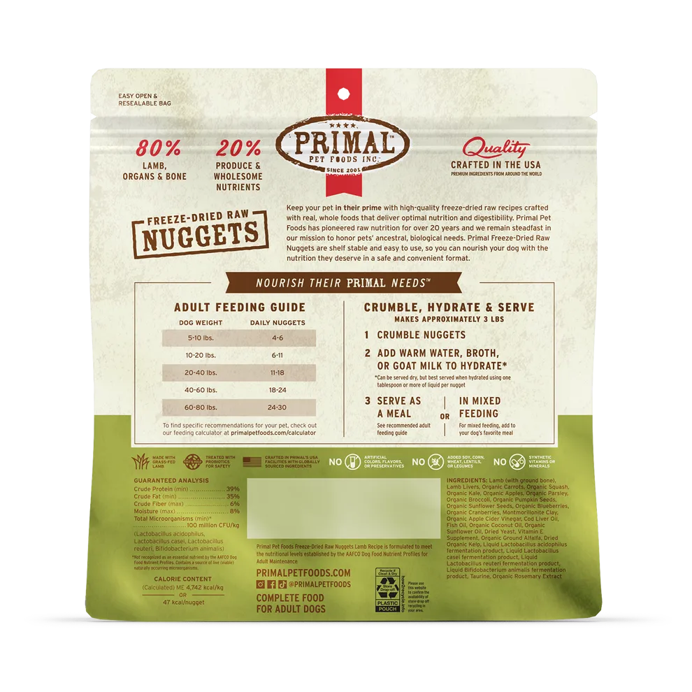 Primal Freeze Dried Nuggets Grain Free Lamb Formula Dog Food