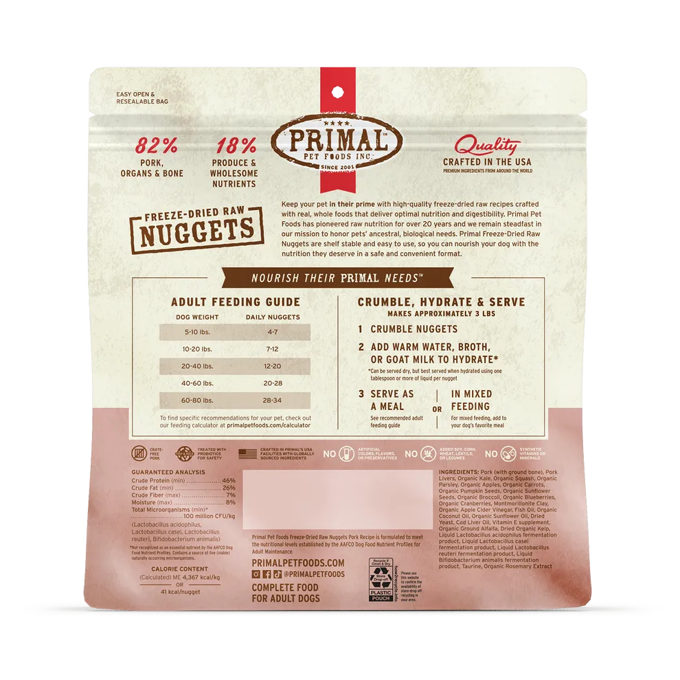 Primal Freeze Dried Nuggets Grain Free Pork Formula Complete Diet Dog Food