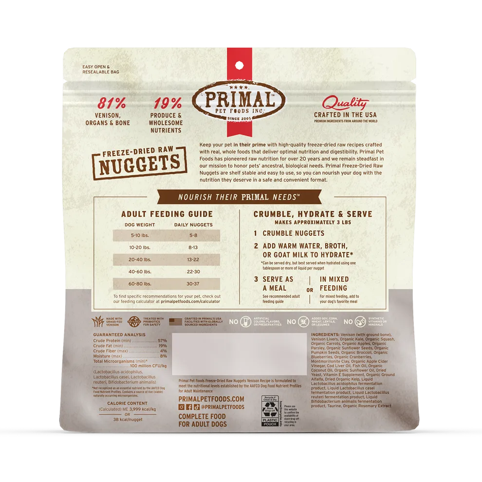 Primal Freeze Dried Nuggets Grain Free Venison Formula Complete Diet for Dogs