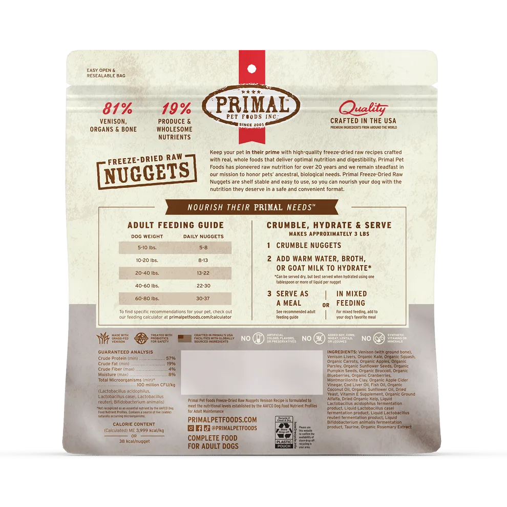 Primal Freeze Dried Nuggets Grain Free Venison Formula Complete Diet for Dogs