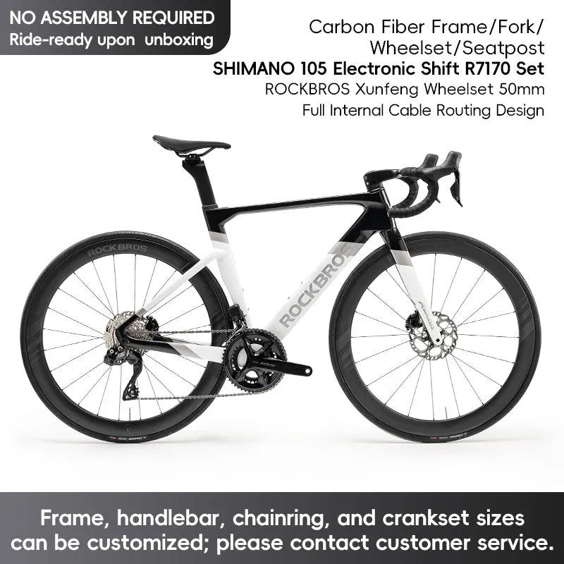 ROCKBROS T700 Carbon Fiber Aerodynamic Road Bike 105 Electronic Shifting  Disc Brakes Black silver white