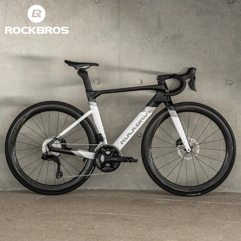 ROCKBROS T700 Carbon Fiber Aerodynamic Road Bike 105 Electronic Shifting  Disc Brakes Black silver white
