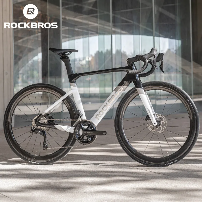 ROCKBROS T700 Carbon Fiber Aerodynamic Road Bike 105 Electronic Shifting  Disc Brakes Black silver white