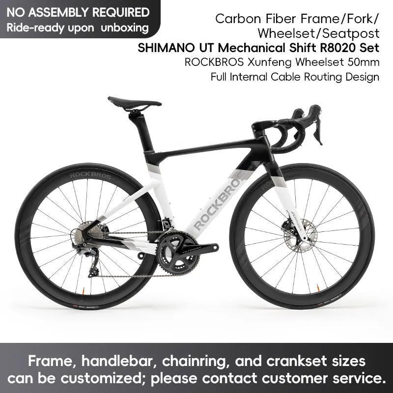 ROCKBROS T700 Carbon Fiber Aerodynamic Road Bike 105 Electronic Shifting  Disc Brakes Black silver white