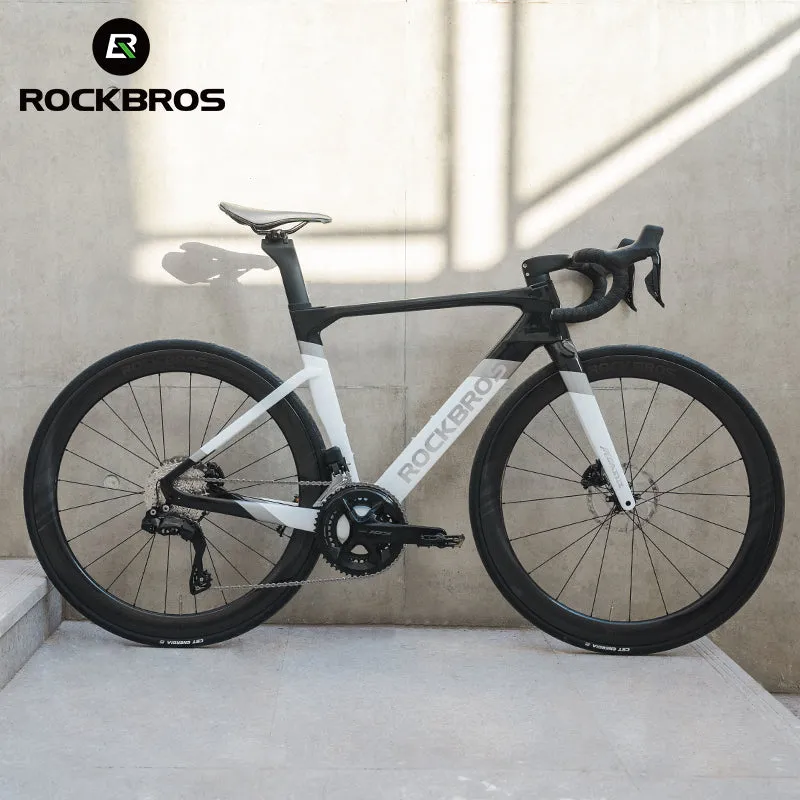 ROCKBROS T700 Carbon Fiber Aerodynamic Road Bike 105 Electronic Shifting  Disc Brakes Black silver white