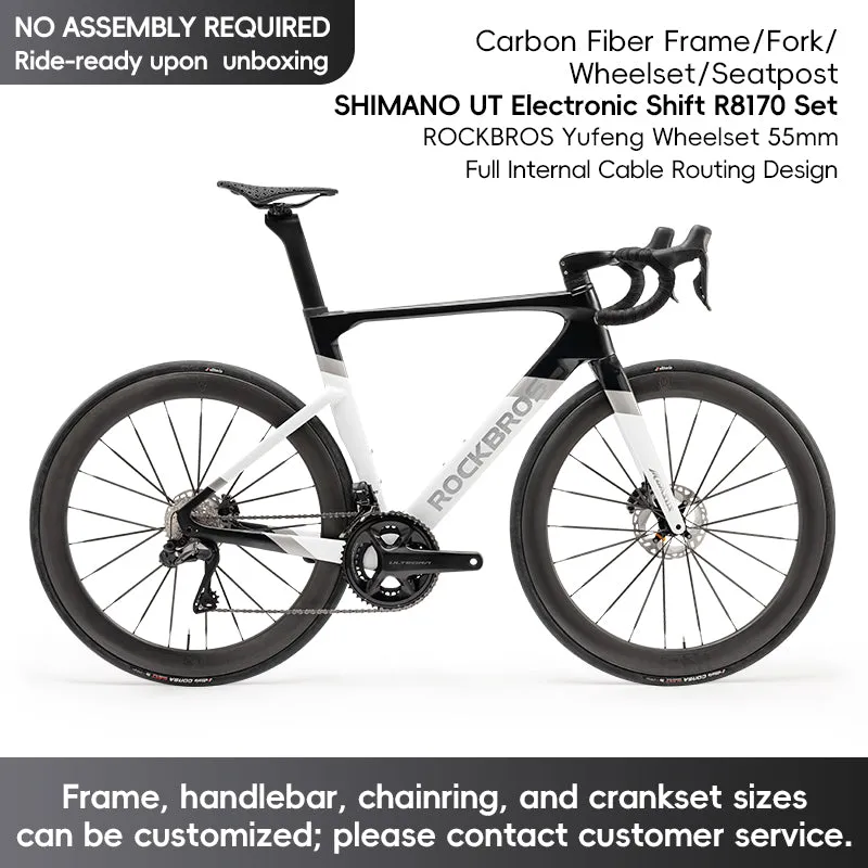 ROCKBROS T700 Carbon Fiber Aerodynamic Road Bike 105 Electronic Shifting  Disc Brakes Black silver white