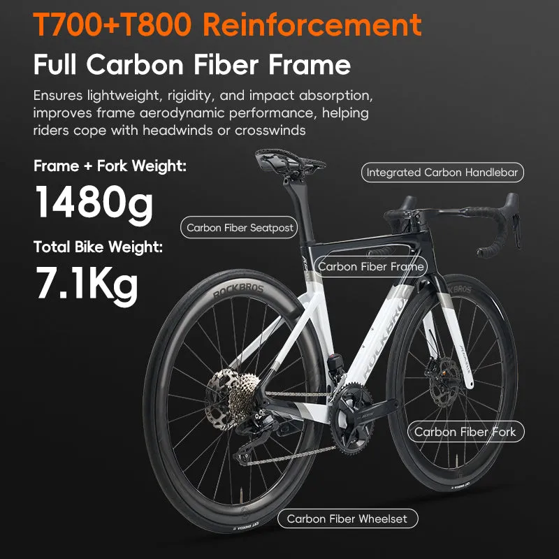 ROCKBROS T700 Carbon Fiber Aerodynamic Road Bike 105 Electronic Shifting  Disc Brakes Black silver white