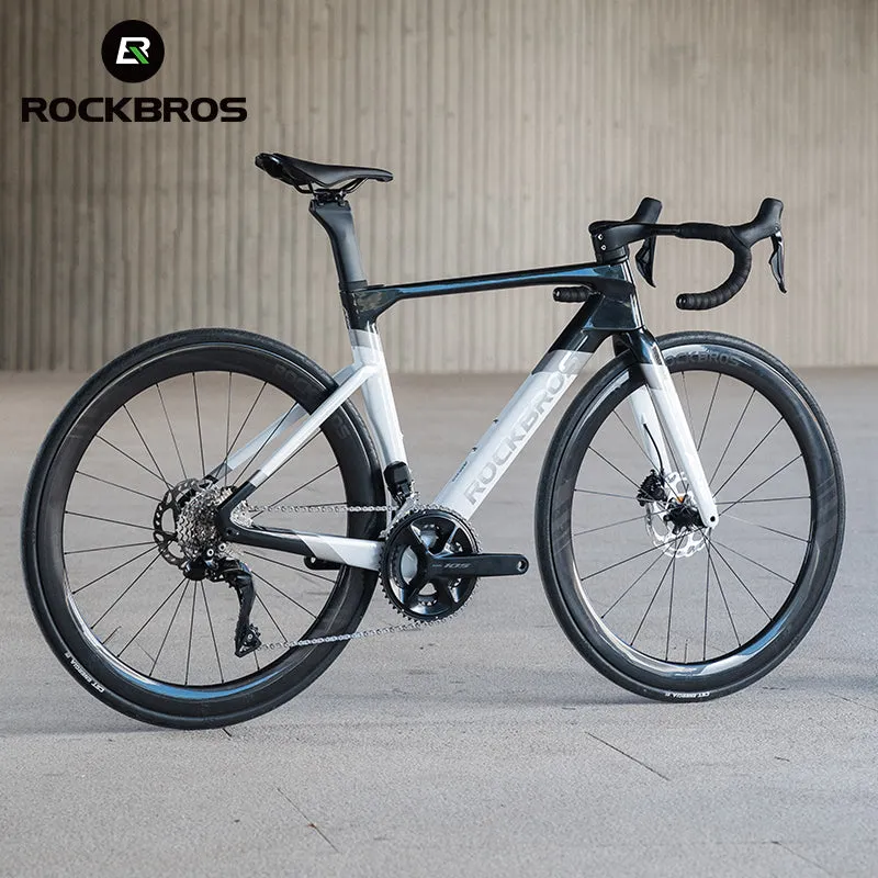 ROCKBROS T700 Carbon Fiber Aerodynamic Road Bike 105 Electronic Shifting  Disc Brakes Black silver white