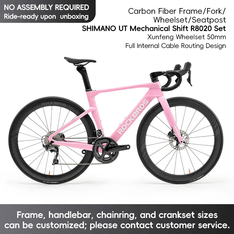 ROCKBROS T700 Carbon Fiber Aerodynamic Road Bike 105 Electronic Shifting Disc Brakes Pink
