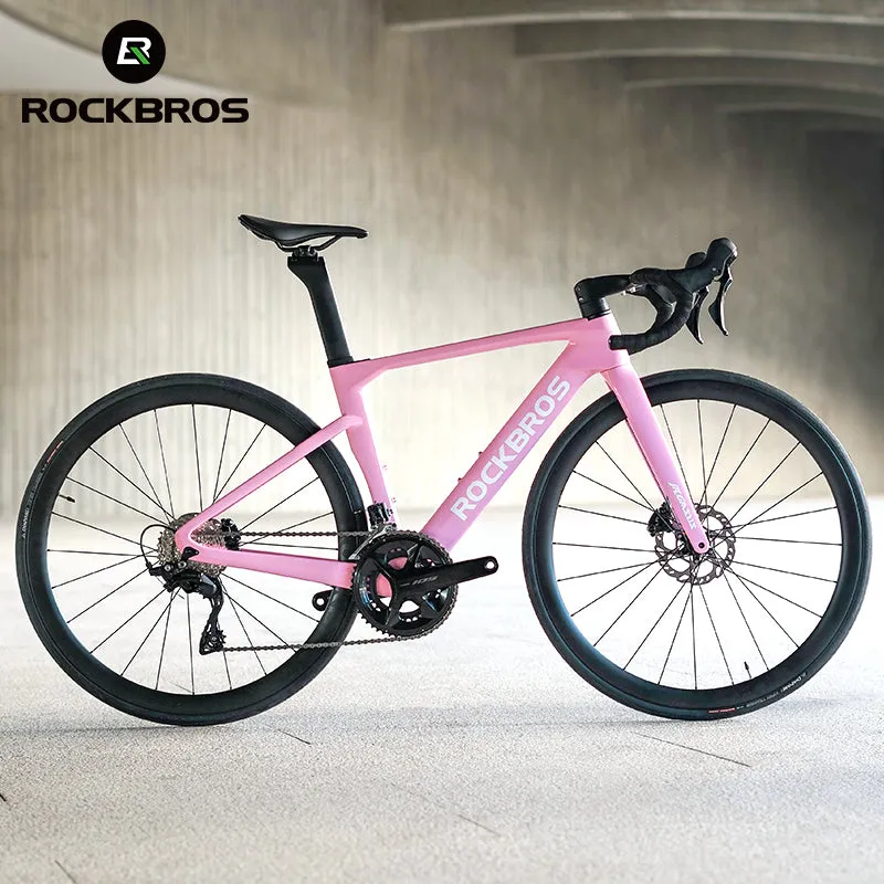 ROCKBROS T700 Carbon Fiber Aerodynamic Road Bike 105 Electronic Shifting Disc Brakes Pink