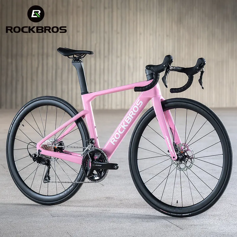 ROCKBROS T700 Carbon Fiber Aerodynamic Road Bike 105 Electronic Shifting Disc Brakes Pink