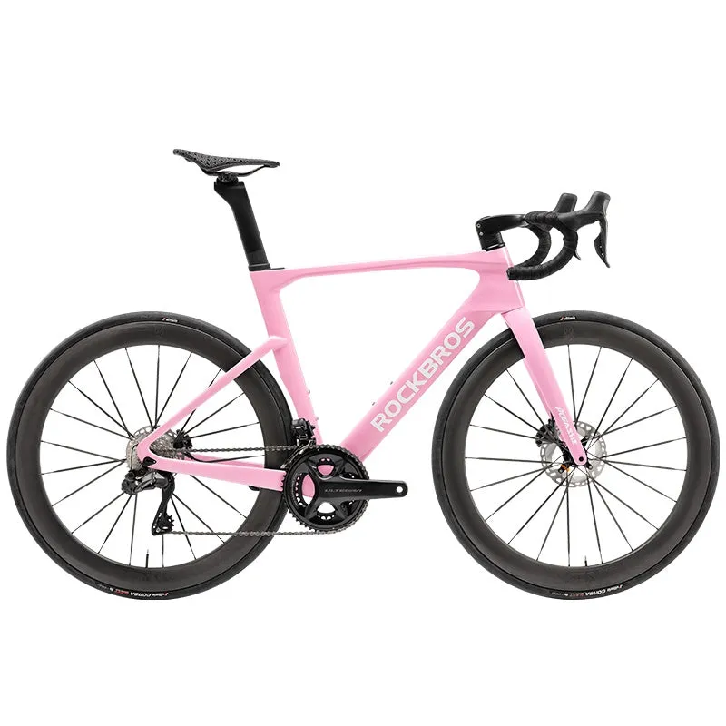 ROCKBROS T700 Carbon Fiber Aerodynamic Road Bike 105 Electronic Shifting Disc Brakes Pink