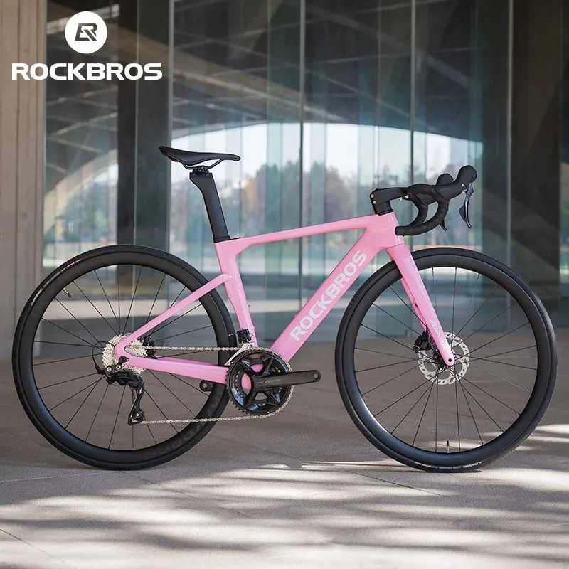 ROCKBROS T700 Carbon Fiber Aerodynamic Road Bike 105 Electronic Shifting Disc Brakes Pink