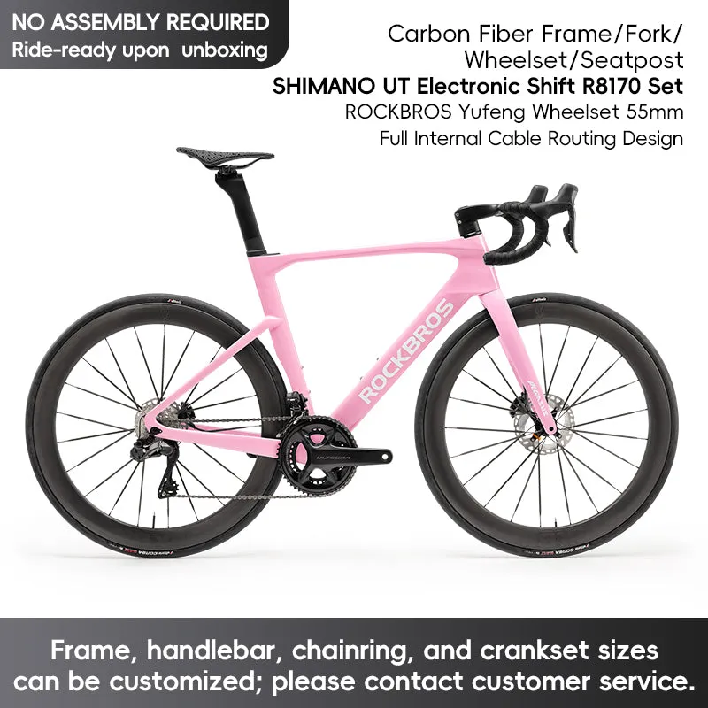 ROCKBROS T700 Carbon Fiber Aerodynamic Road Bike 105 Electronic Shifting Disc Brakes Pink