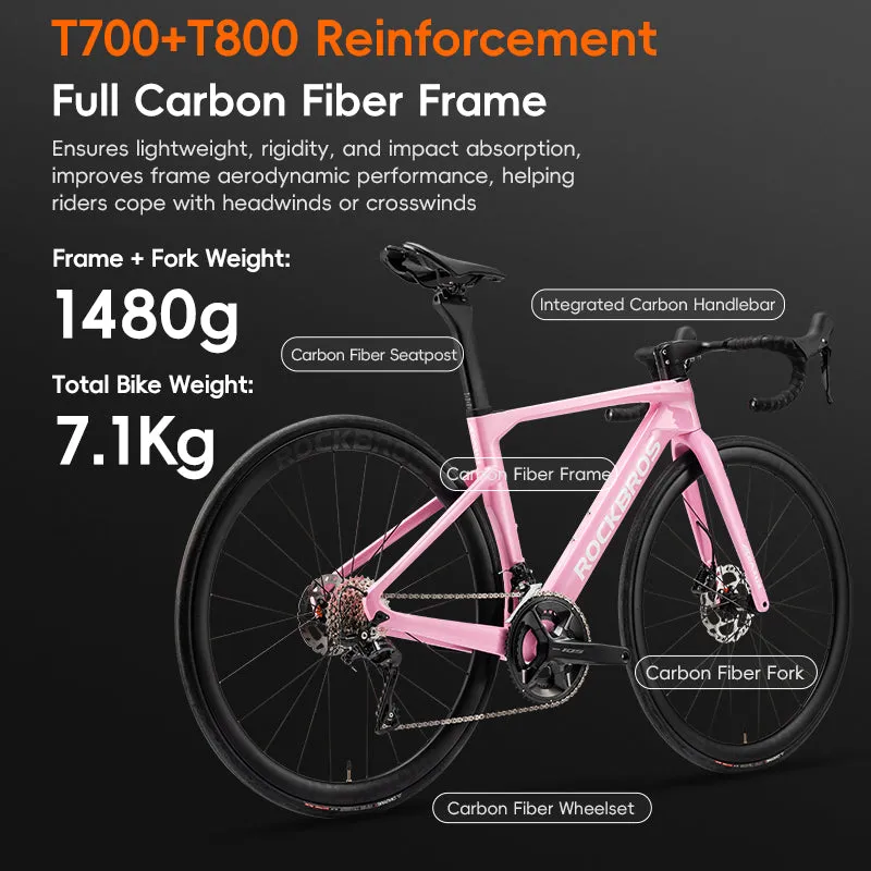 ROCKBROS T700 Carbon Fiber Aerodynamic Road Bike 105 Electronic Shifting Disc Brakes Pink