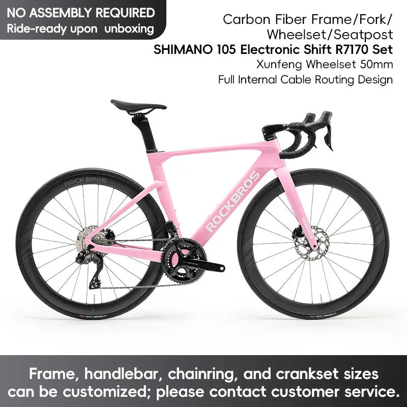 ROCKBROS T700 Carbon Fiber Aerodynamic Road Bike 105 Electronic Shifting Disc Brakes Pink
