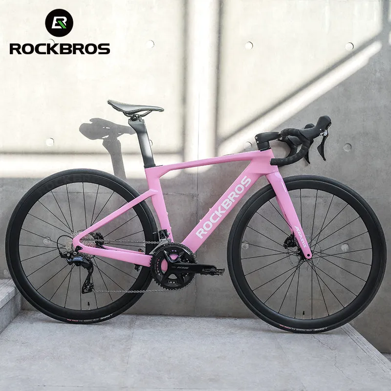 ROCKBROS T700 Carbon Fiber Aerodynamic Road Bike 105 Electronic Shifting Disc Brakes Pink