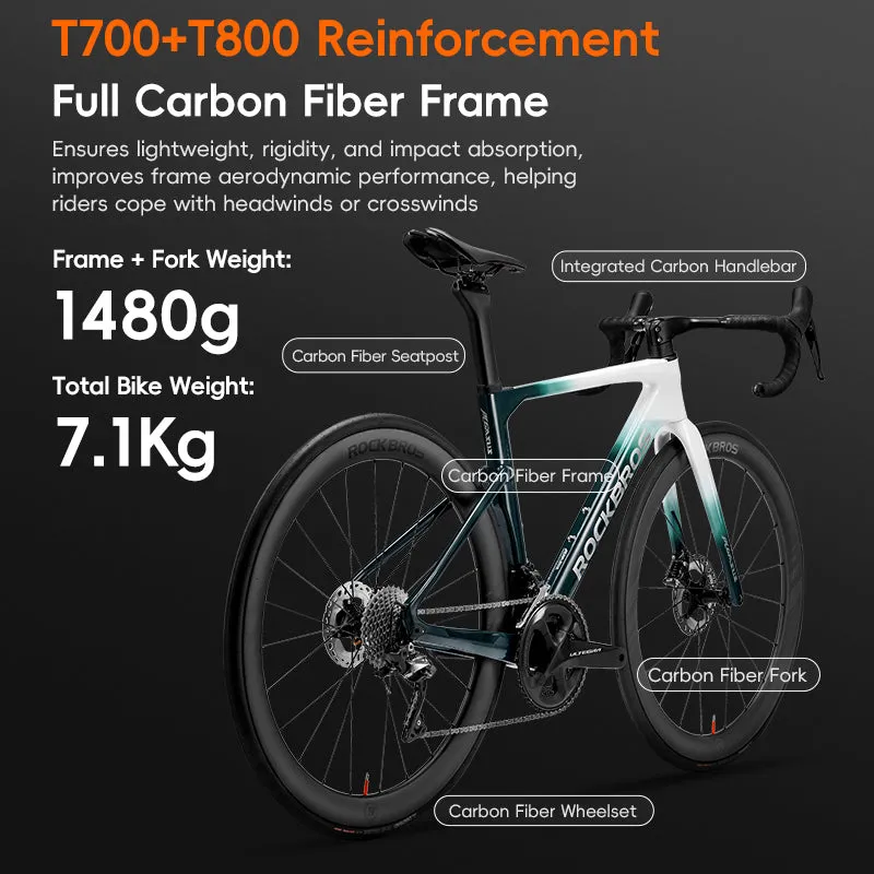 ROCKBROS T700 Carbon Fiber Aerodynamic Road Bike 105 Electronic Shifting  Disc Brakes