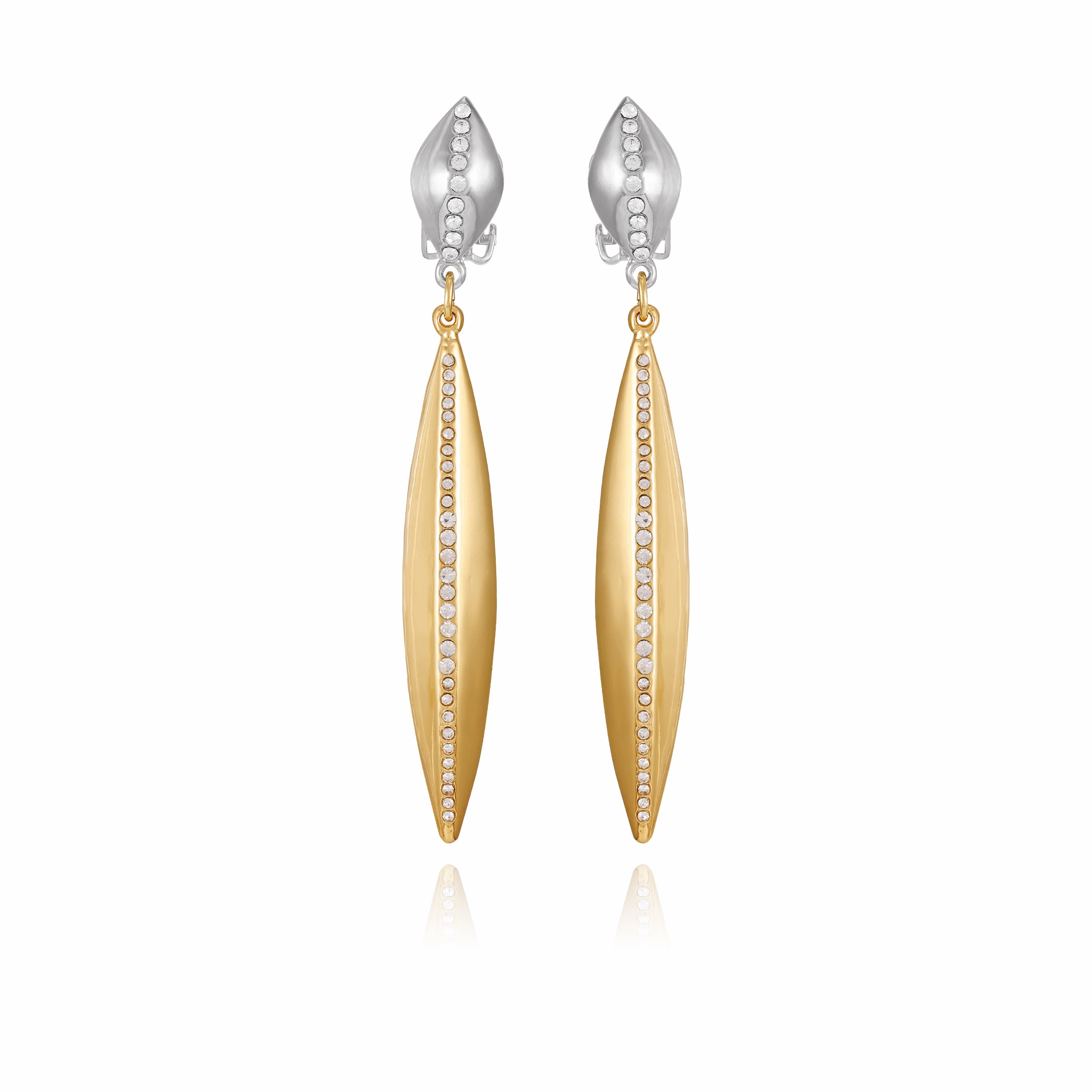 Two Tone Crystal Stone Drop Clip On Earrings